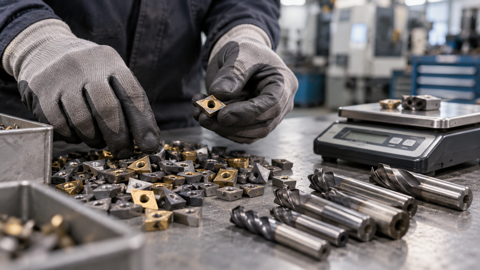 Machine shop sorting carbide inserts and end mills beside a digital scale.