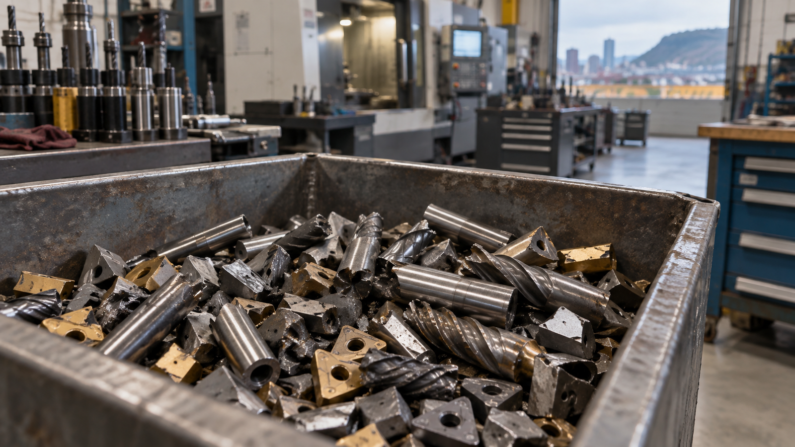 Industrial carbide scrap in a machine shop recycling bin.
