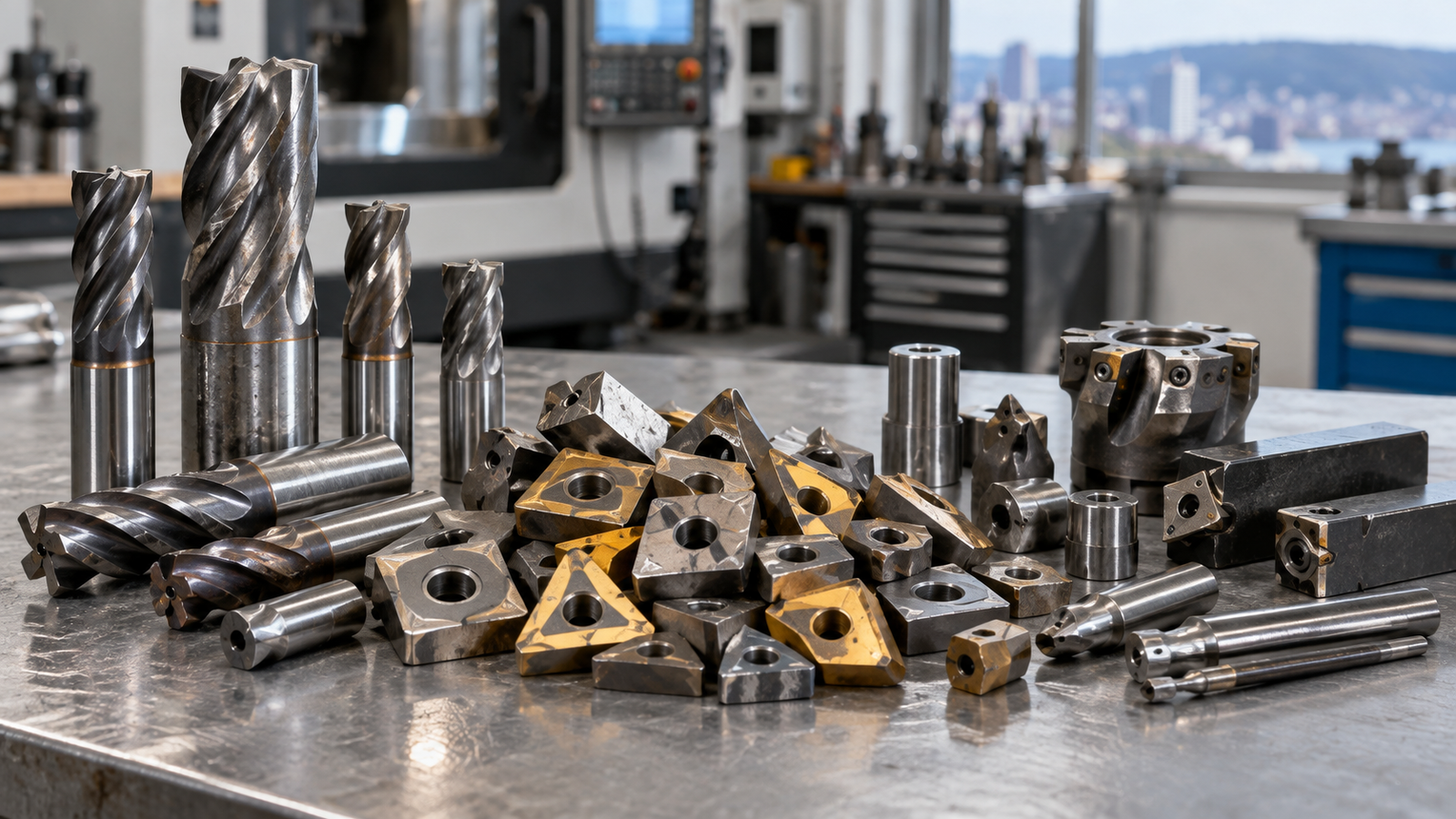 Tungsten carbide tools and inserts on a machine shop table.